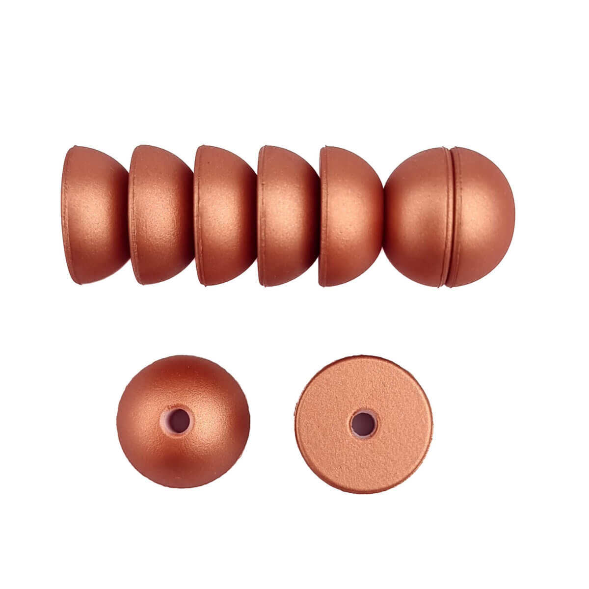 Color code Copper Nugget - Type: Silicone beads - Half spheres
- Size: 14 mm
- Established design LittleJo BV (Patent pending)
- Sold individually, nowhere cheaper
- BPA-, Phthalates-, Lead-, PVC- and Poison-free
- Suitable for CE certified finished product
- Medical grade silicone beads
- Chillable in the refrigerator
- Dishwasher safe Jootjes Haakcadeautjes