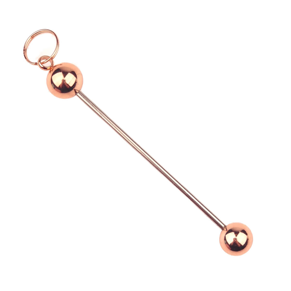 <ul> <li>Threaded stainless steel pendant in color copper.</li> <li>Rod has a ball on both sides, you screw it off.</li> <li>All beads (except Acrylic letter beads) fit on it.</li> <li>The distance between the spheres is about 6 cm.</li> <li>Nice as an ornament/decoration in the Christmas tree.</li>
</ul> Jootjes Haakcadeautjes
