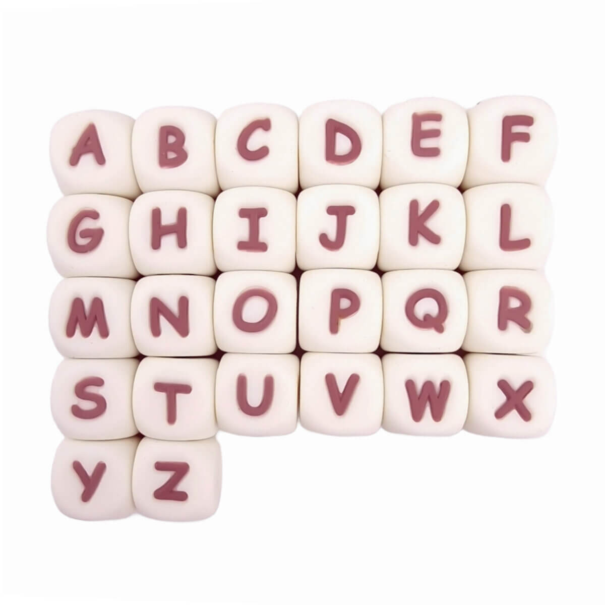 <ul> <li>Variant: Siliconen kralen met letters A t/m Z.</li> <li>Kokos siliconen kralen met dark rose kleur letters</li> <li>Siliconen letterkralen, gehele alfabet.</li> <li>BPA-, ftalaten-, PVC-, lood- en gif-vrij.</li> <li>Verkocht per stuk.</li> <li>Vierkante siliconen kralen met letters, 12 mm x 12 mm.</li> <li>De letters zijn horizontaal (de gaatjes zitten van links door naar rechts).</li> <li>De overige vier zijden bevatten allen de gekozen letter.</li> <li>De kralen zijn wasbaar in de vaatwasser</li> <li>Koelbaar bij doorkomende tandjes.</li> <li>Perfect voor speenkoord, sleutelhanger, bijtring en meer.</li> </ul> Jootjes Haakcadeautjes