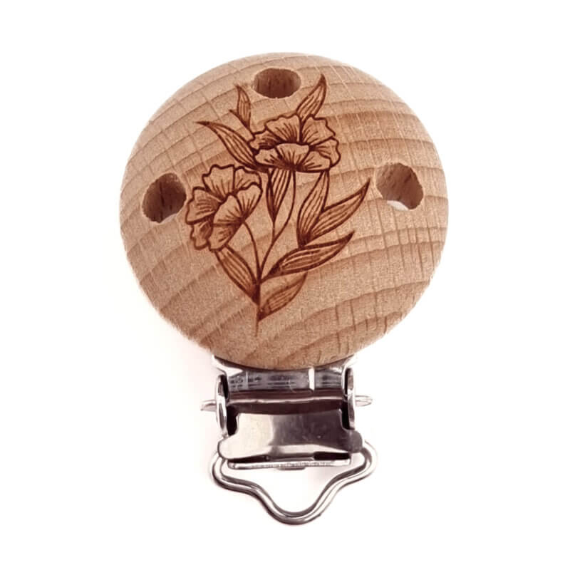 Gegraveerde houten speenclips - EN12586 - Klaproos