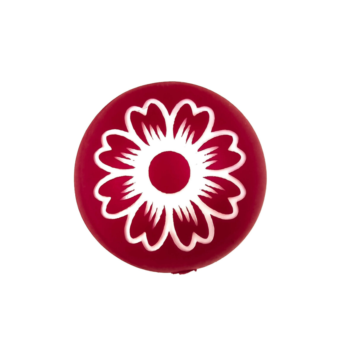 <ul> <li>Speciale custom made siliconen kralen - 20 mm - Daisy - Red Nugget</li> <li>Deze kralen worden gemaakt met een speciale unieke productietechniek!</li> <li>Kleur red Nugget</li> <li>Gegraveerd met een Daisy!</li> <li>Gat van boven naar beneden</li> <li>Hoge kwaliteit baby veilig siliconen</li> <li>Veilig volgens EN-71 chemische testen!</li> </ul> Perfect voor het gebruik op onze wijnstoppers, sleutelhangers, flesopeners, jashangers en meer. Jootjes Haakcadeautjes