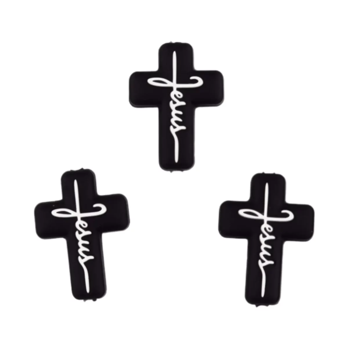 - Type : Perle en silicone - Croix noire - avec texte Jésus - Taille : environ 1,5 x 2,5 cm - Vendu à la pièce - Sans BPA, Phtalates, Plomb, PVC et Toxine - Convient aux produits finis certifiés CE - Perles en silicone de qualité médicale - Refroidissable au réfrigérateur - Lavable au lave-vaisselle Jootjes Haakcadeautjes