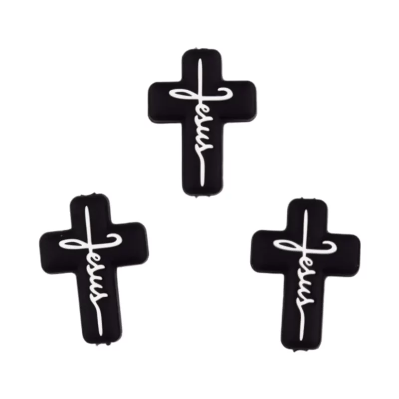 Silikonperle - Schwarzes Kreuz - mit Text Jesus