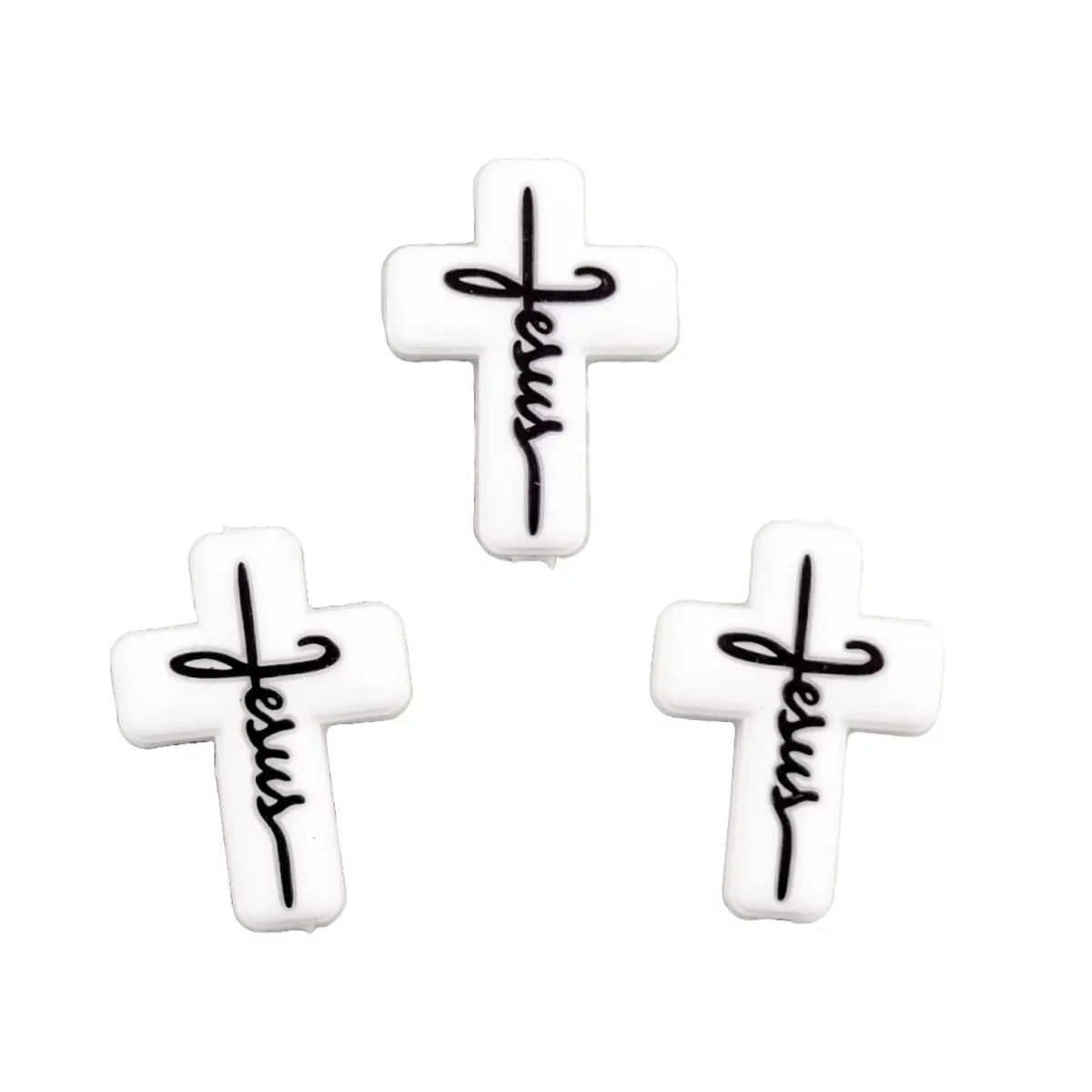 - Type: Siliconen kraal - Wit Kruis - met tekst Jezus - Formaat: circa 1,5 x 2,5 cm - Verkocht per stuk - BPA-, Ftalaten-, Lood-, PVC- en Gif-vrij - Geschikt voor CE-gecertificeerd eindproduct - Medische kwaliteit siliconen kralen - Koelbaar in de koelkast - Vaatwasser bestendig Jootjes Haakcadeautjes