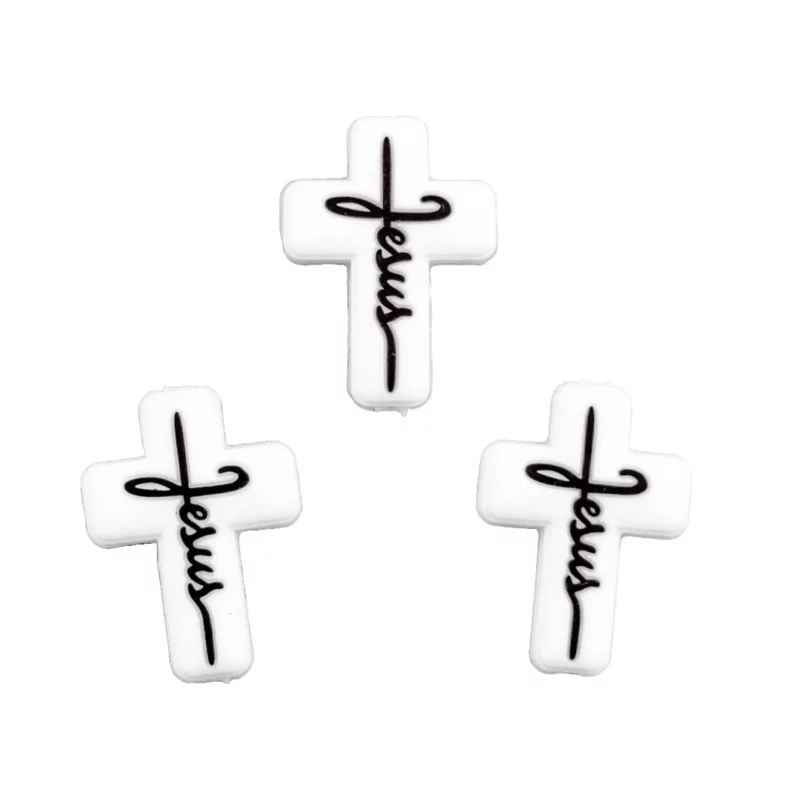 Silikonperle - Weißes Kreuz - mit Text Jesus