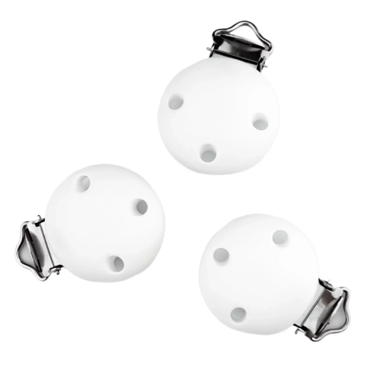 <h2>Silicone Pacifier Clip - White</h2>
Color: White
Material: as always BPA-free, PVC-free, phthalate-free and other toxin-free silicone
100% child safe, CE certified
With holes matching NEN-standard 12586 Sturdy clip with plastic insert. Jootjes Haakcadeautjes