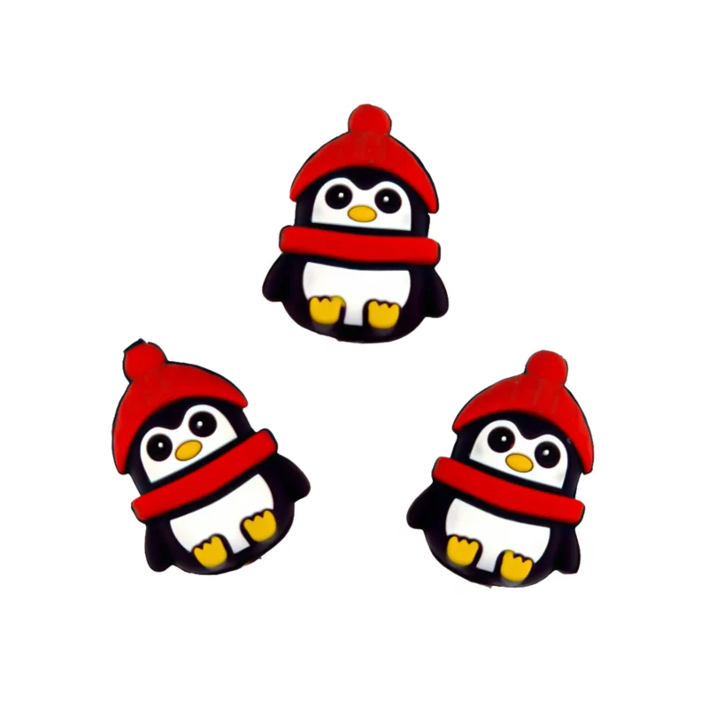 Siliconen Kraal - 3D - Pinguin met rode sjaal en muts