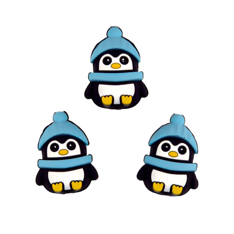 Siliconen Kraal - 3D - Pinguin met blauwe sjaal en muts
