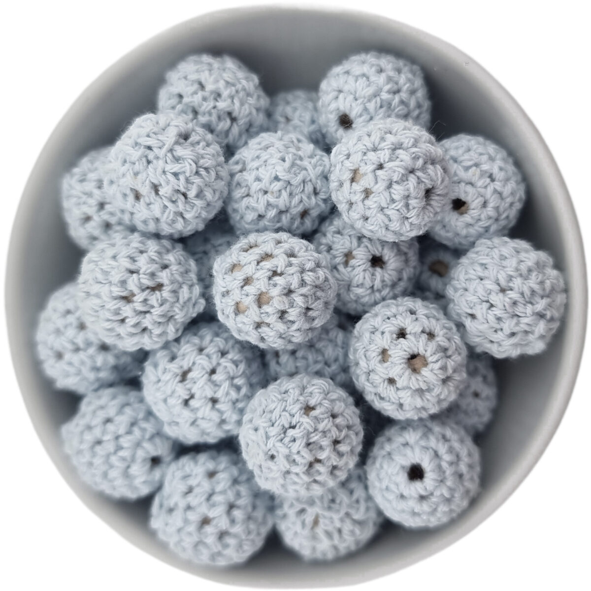 Crocheted beads; Wooden bead with crocheted baby safe cotton girth.
<ul> <li>Size: 20 mm wooden bead with cotton</li> <li>Color code: Ice gray</li> <li>Old Color Name : Light Sky Blue</li>
</ul>
Hand crocheted.
100% baby safe cotton yarn. Jootjes Haakcadeautjes