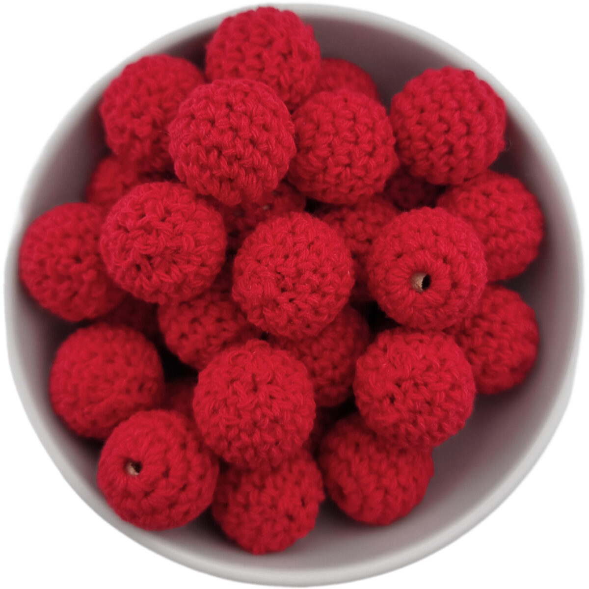 Crocheted beads; Wooden bead with crocheted baby safe cotton girth.
<ul> <li>Size: 20 mm wooden bead with cotton</li> <li>Color code: Blood Red</li>
</ul>
Hand crocheted.
100% baby safe cotton yarn. Jootjes Haakcadeautjes