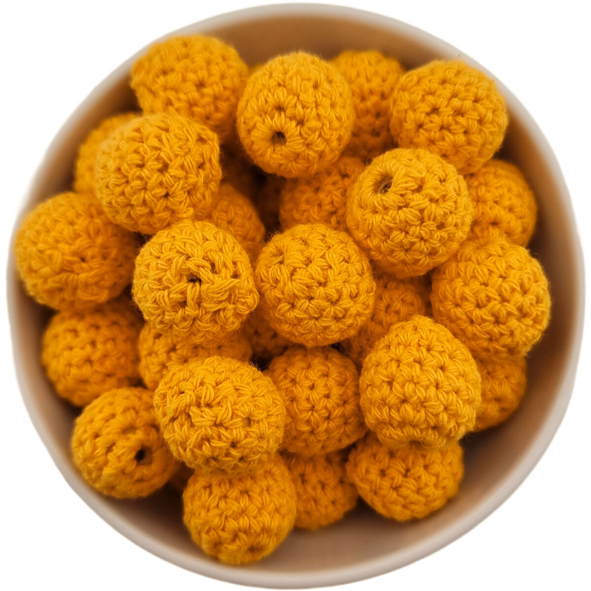 Crocheted beads; Wooden bead with crocheted baby safe cotton girth.
<ul> <li>Size: 20 mm wooden bead with cotton</li> <li>Color code: Sun Yellow</li>
</ul>
Hand crocheted.
100% baby safe cotton yarn. Jootjes Haakcadeautjes