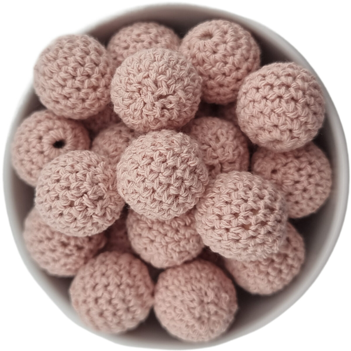 Crocheted beads; Wooden bead with crocheted baby safe cotton girth.
<ul> <li>Size: 20 mm wooden bead with cotton</li> <li>Color code: Blush</li>
</ul>
Hand crocheted.
100% baby safe cotton yarn. Jootjes Haakcadeautjes