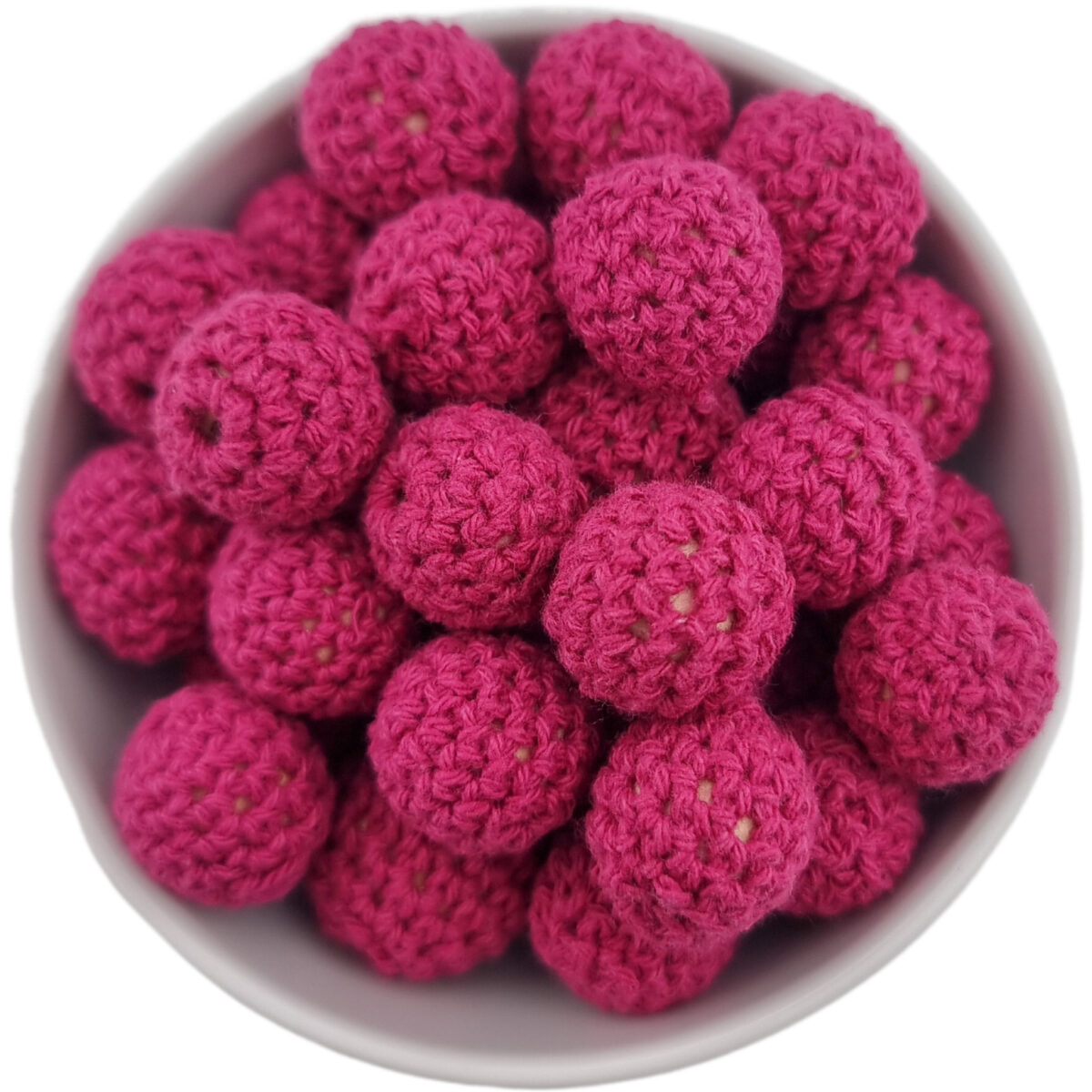 Crocheted beads; Wooden bead with crocheted baby safe cotton girth.
<ul> <li>Size: 20 mm wooden bead with cotton</li> <li>Color code: Cherry</li> <li>Old Color Name : Berry</li>
</ul>
Hand crocheted.
100% baby safe cotton yarn. Jootjes Haakcadeautjes