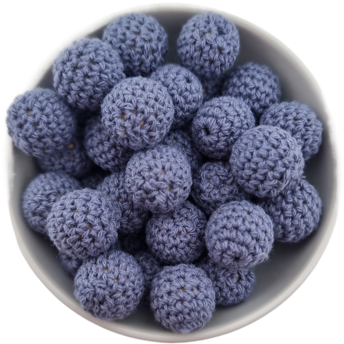 Crocheted beads; Wooden bead with crocheted baby safe cotton girth.
<ul> <li>Size: 20 mm wooden bead with cotton</li> <li>Color code: Light Matt Navy</li> <li>Old Color Name : Denim</li>
</ul>
Hand crocheted.
100% baby safe cotton yarn. Jootjes Haakcadeautjes