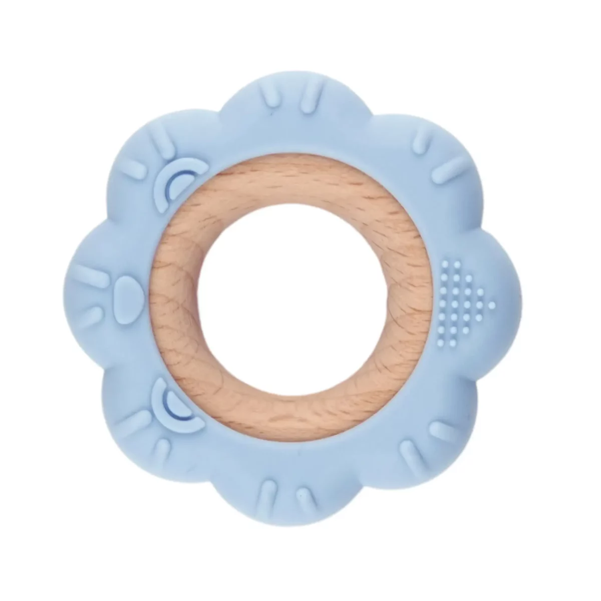 <ul> <li>Kleur: Licht Vergrijsd Petrol</li> <li>Materiaal: EN-71 veilig getest beukenhout en siliconen materiaal, volledig BPA-vrij</li> <li>Model: Bloem</li> </ul> Deze bijtfiguur past perfect bij onze beukenhouten kralen, ringen en Petrol siliconen kralen. Jootjes Haakcadeautjes