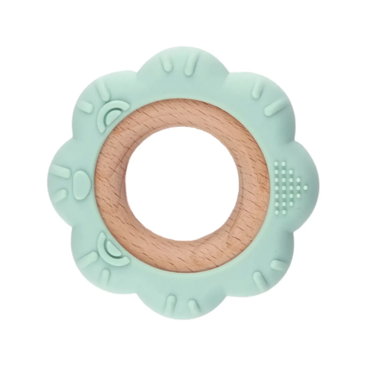 <ul> <li>Kleur: Vergrijsd Mint</li> <li>Materiaal: EN-71 veilig getest beukenhout en siliconen materiaal, volledig BPA-vrij</li> <li>Model: Bloem</li> </ul> Deze bijtfiguur past perfect bij onze beukenhouten kralen, ringen en Mint siliconen kralen. Jootjes Haakcadeautjes