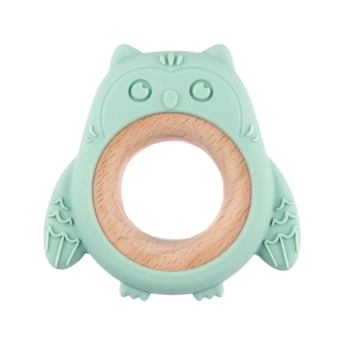 <ul> <li>Kleur: Vergrijsd Mint</li> <li>Materiaal: EN-71 veilig getest beukenhout en siliconen materiaal, volledig BPA-vrij</li> <li>Model: Uil</li> </ul> Deze bijtfiguur past perfect bij onze beukenhouten kralen, ringen en Mint siliconen kralen. Jootjes Haakcadeautjes