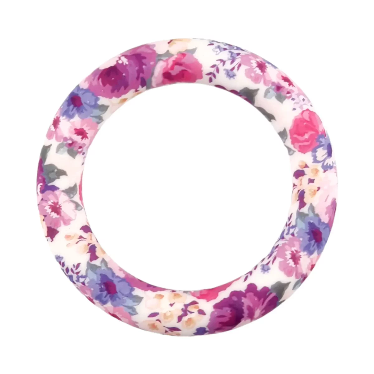 Siliconen Ring Doorrijgbaar <ul> <li>Kleurcode: Flower Festival Print</li> <li>BPA-vrij, EN-71 veilig getest siliconen</li> <li>Buitendiameter: 66 mm</li> <li>Binnendiameter: 46 mm</li> </ul> Jootjes Haakcadeautjes