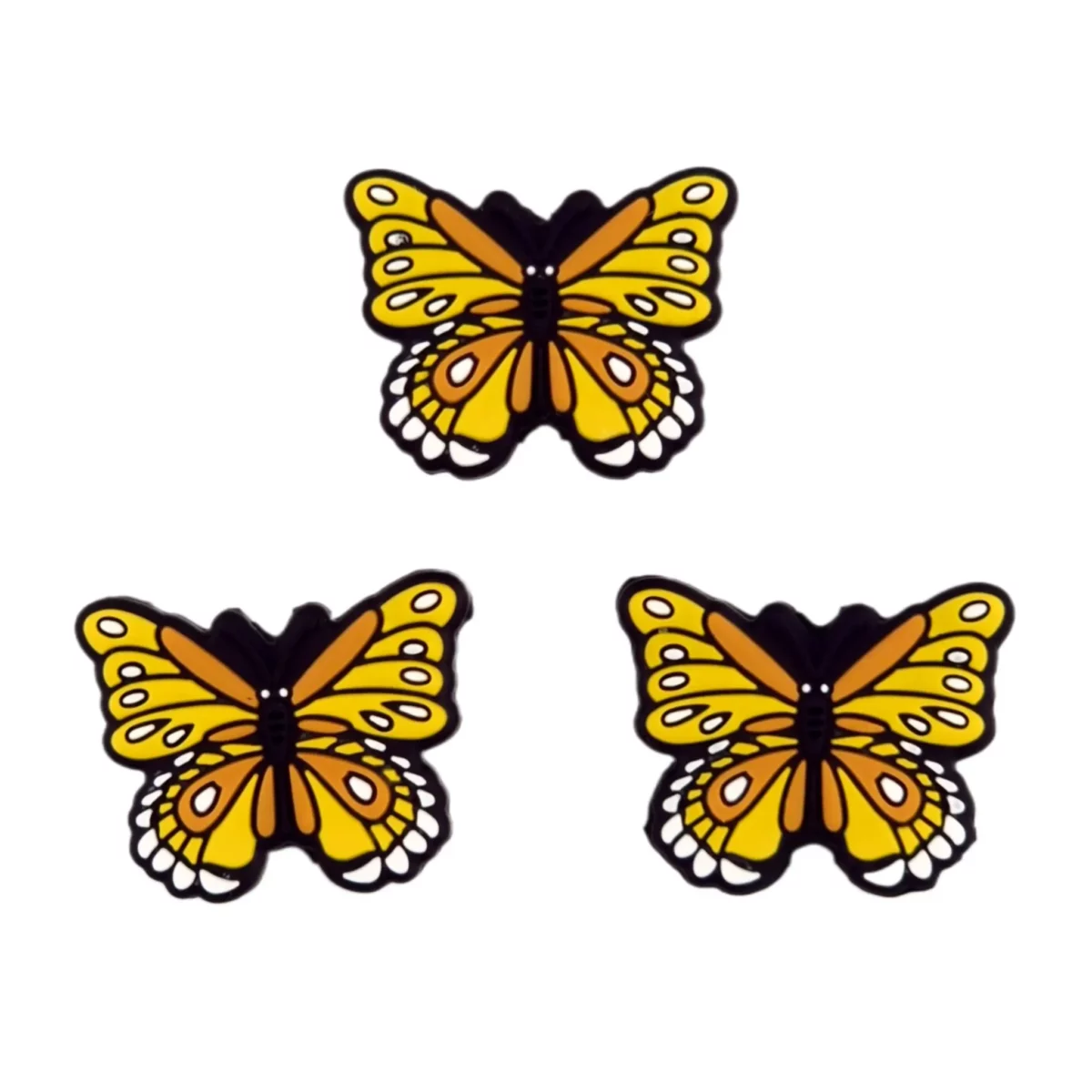 Kleurcode: Geel Type: Vlinder Materiaal: Siliconen, BPA-vrij, ftalaat-vrij, PVC-vrij, cadmium-vrij Gecertificeerd: EN-71 veilig getest en daarom geschikt voor CE gecertificeerd eindproduct Jootjes Haakcadeautjes