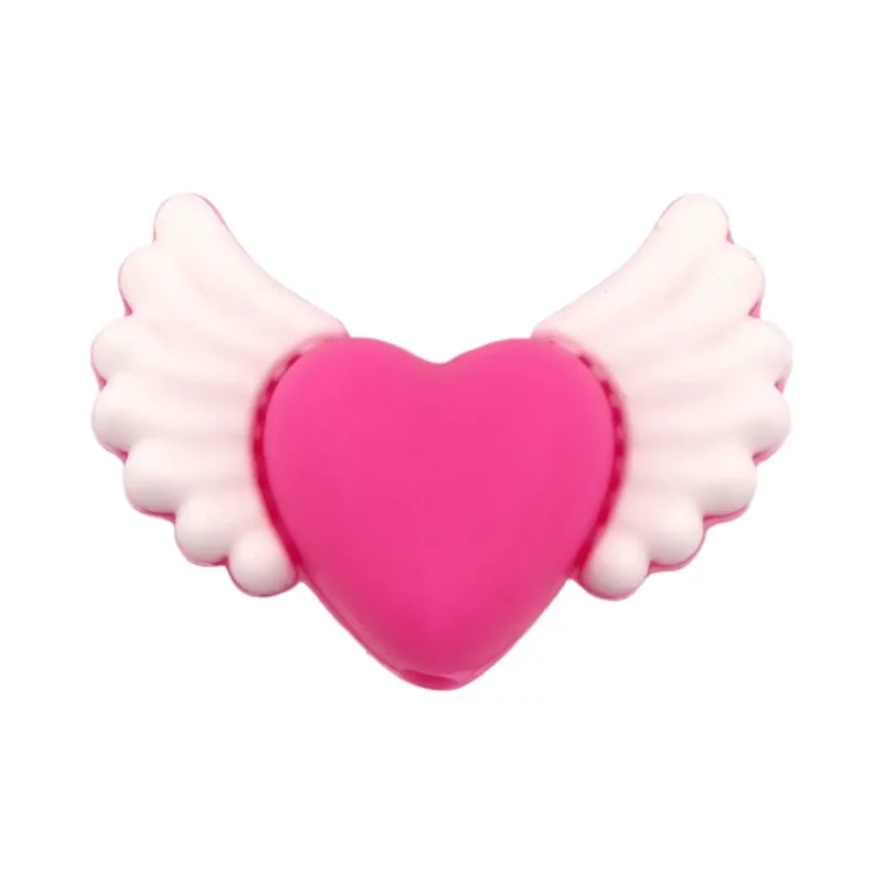 Siliconen kraal - 3D - Gevleugeld Hart - Fuchsia
