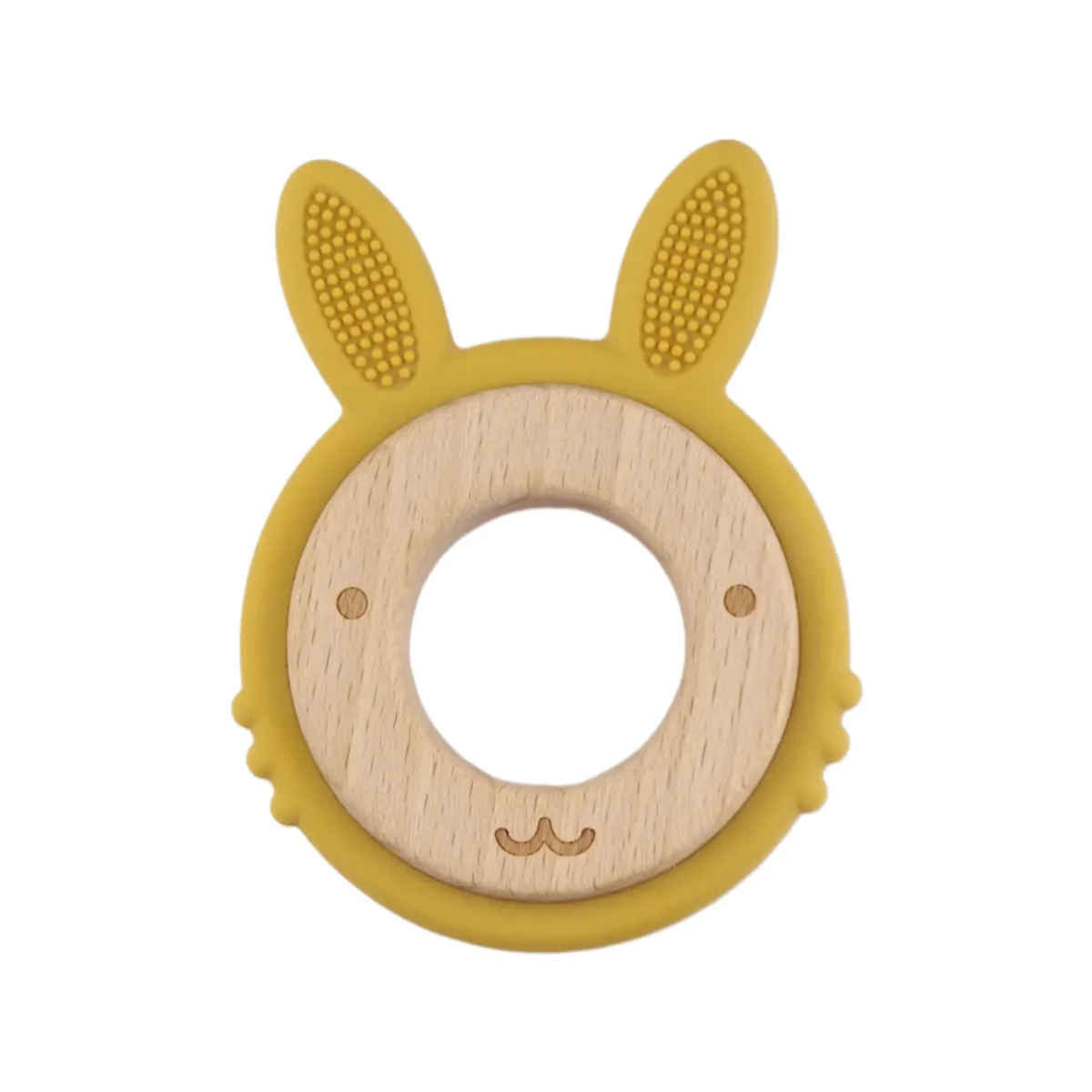 <ul> <li>Kleur: Oker geel</li> <li>Formaat: 11 cm x 8,6 cm</li> <li>Materiaal: EN-71 veilig getest beukenhout en siliconen materiaal, volledig BPA-vrij</li> <li>Model: Konijn</li> </ul> Deze bijtfiguur past perfect bij onze beukenhouten kralen, ringen en Taupe siliconen kralen. Jootjes Haakcadeautjes