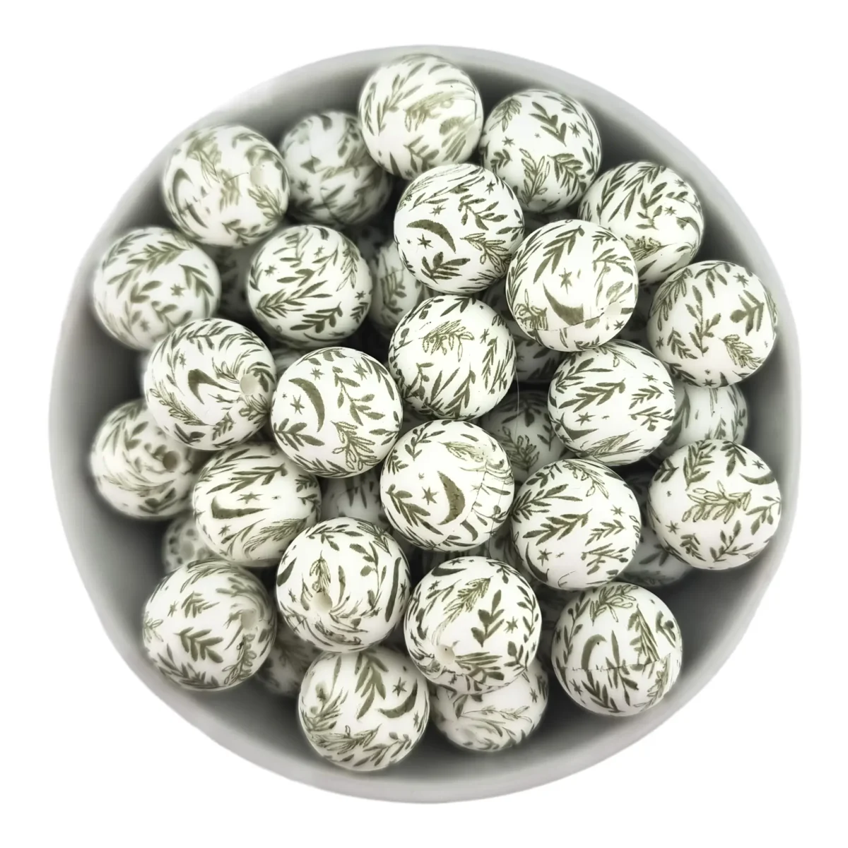 Formaat: 16 mm Kleur: Bluegrass Print Materiaal: Volgens EN-71 veilig getest siliconen. BPA-vrij, Ftalaat-vrij, PVC-vrij en vrij van alle overige schadelijke chemische stoffen zoals getest middels EN-71. Hierdoor geschikt voor speenkoorden en CE-gecertificeerd eindproduct zoals een bijtring.   Jootjes Haakcadeautjes