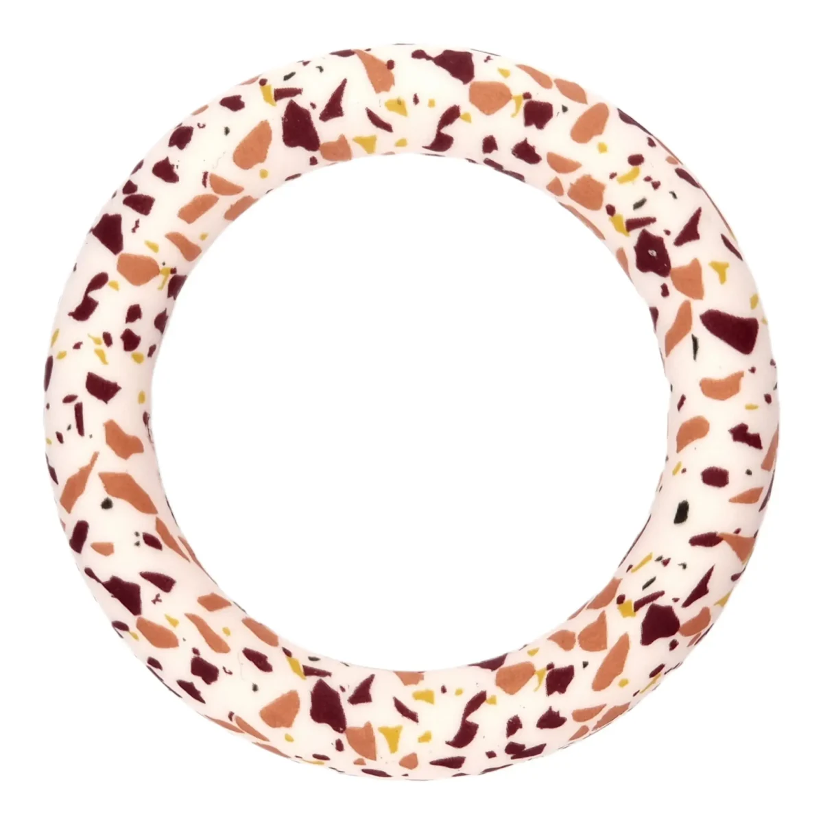 Siliconen Ring Doorrijgbaar <ul> <li>Kleurcode: Terrazzo Warm Bruin</li> <li>BPA-vrij, EN-71 veilig getest siliconen</li> <li>Buitendiameter: 66 mm</li> <li>Binnendiameter: 46 mm</li> </ul> Jootjes Haakcadeautjes