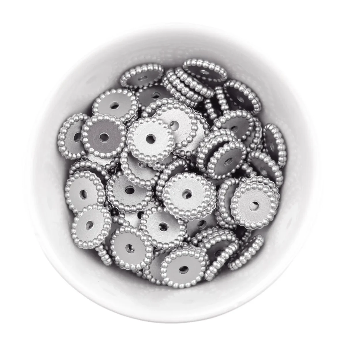 Kleurcode Zilver Nugget - Type: Siliconen kralen dotjes tussenschijfje - Verkocht per stuk, nergens goedkoper - BPA-, Ftalaten-, Lood-, PVC- en Gif-vrij - CE-gecertificeerd - Medische kwaliteit siliconen kralen - Koelbaar in de koelkast - Vaatwasser bestendig Jootjes Haakcadeautjes