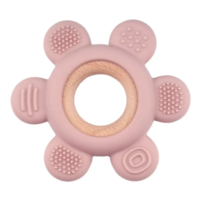 Figurine de dentition - Silicone et bois - Fleur - Vieux rose