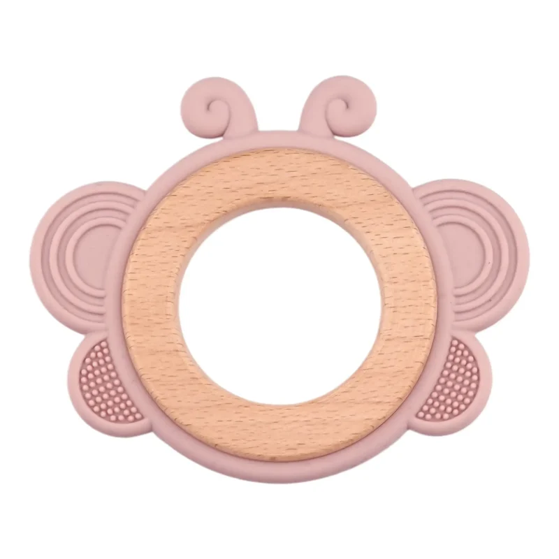 Bijtfiguur - Siliconen en Hout - Vlinder - Oud Roze