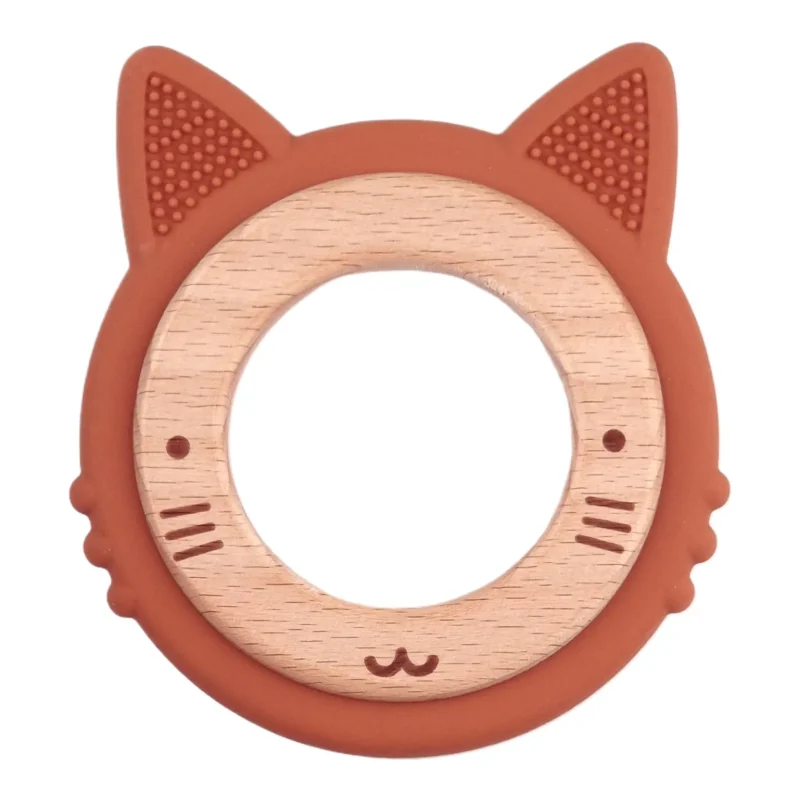Bijtfiguur - Siliconen en Hout - Kat - Amber