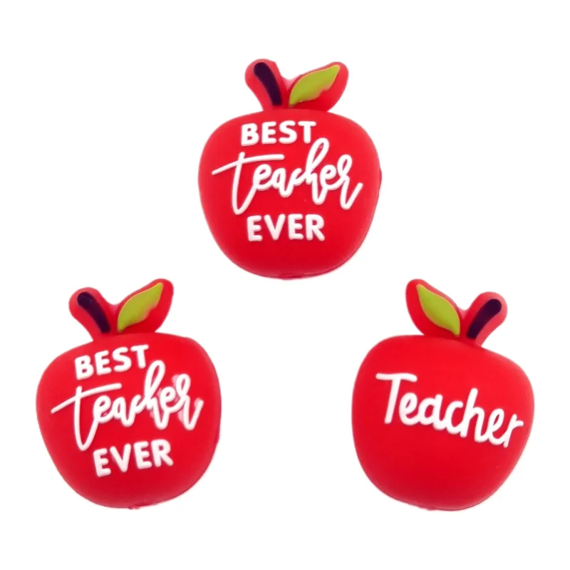 Silicone Bead - 3D - Apple - Best Teacher Ever - Fire Department Red